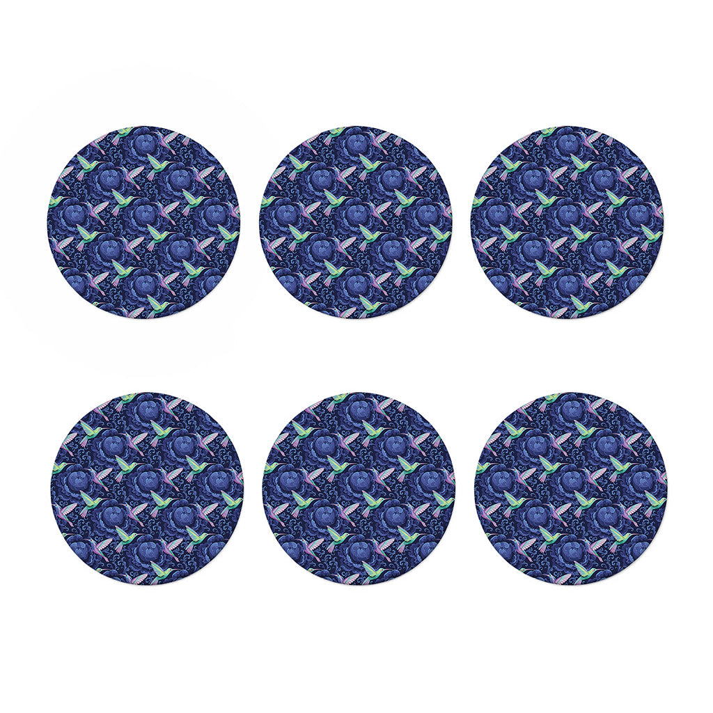 Dark Blue Floral Hummingbird Print Coaster Set