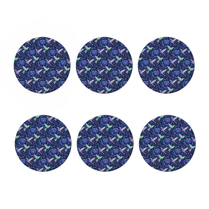Dark Blue Floral Hummingbird Print Coaster Set