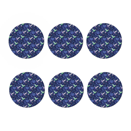 Dark Blue Floral Hummingbird Print Coaster Set