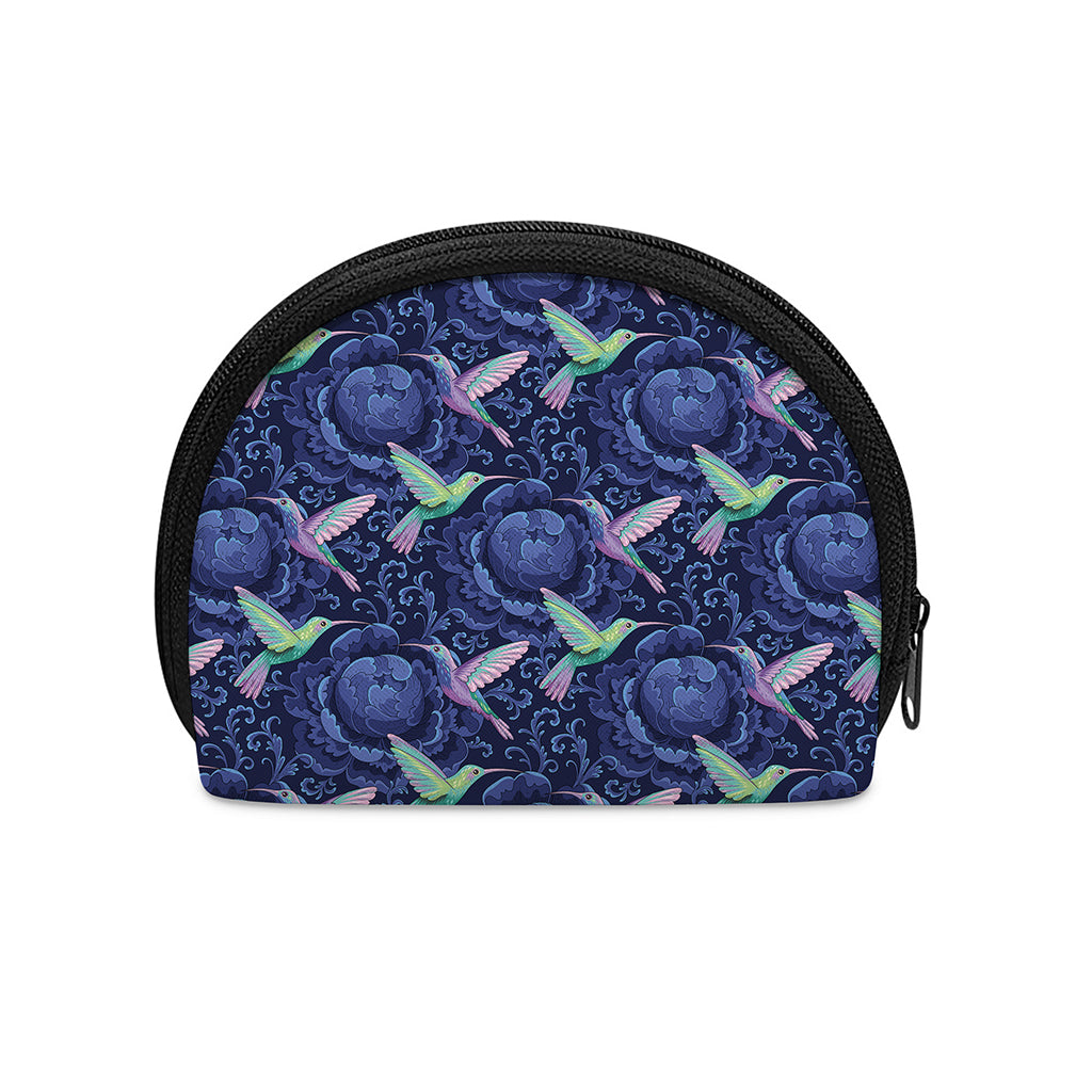 Dark Blue Floral Hummingbird Print Coin Purse