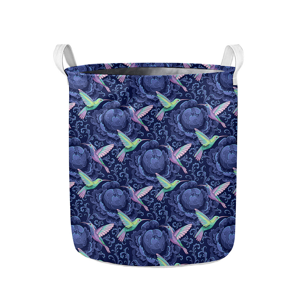 Dark Blue Floral Hummingbird Print Collapsible Laundry Basket