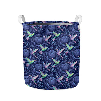 Dark Blue Floral Hummingbird Print Collapsible Laundry Basket