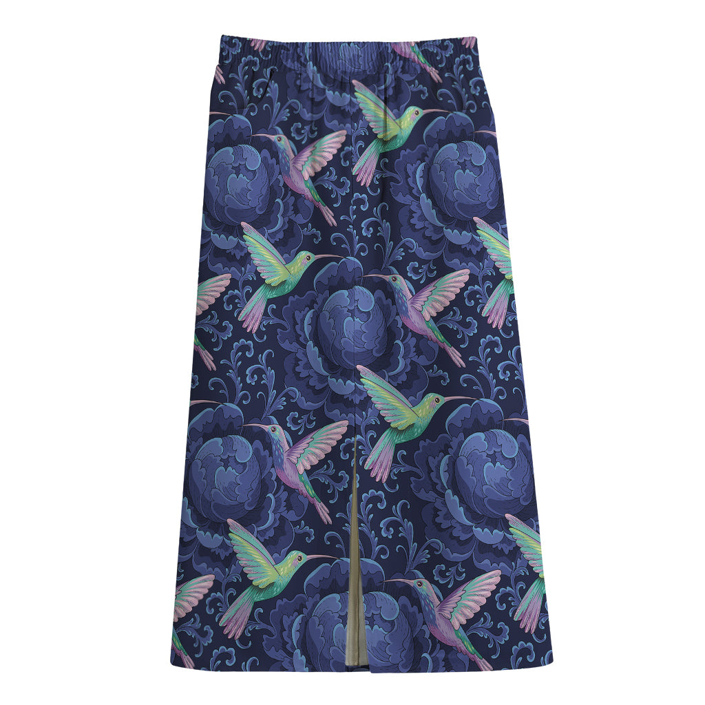 Dark Blue Floral Hummingbird Print Cotton Front Slit Maxi Skirt