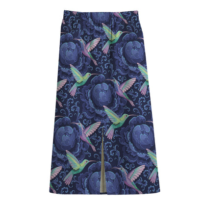 Dark Blue Floral Hummingbird Print Cotton Front Slit Maxi Skirt