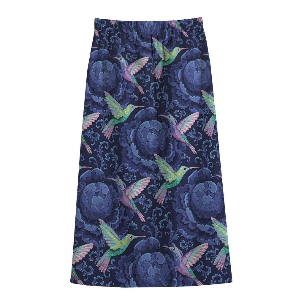 Dark Blue Floral Hummingbird Print Cotton Front Slit Maxi Skirt