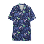 Dark Blue Floral Hummingbird Print Cotton Hawaiian Shirt