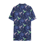 Dark Blue Floral Hummingbird Print Cotton Hawaiian Shirt