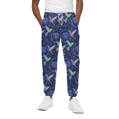 Dark Blue Floral Hummingbird Print Cotton Pants
