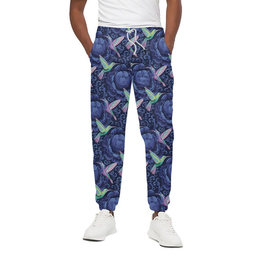 Dark Blue Floral Hummingbird Print Cotton Pants