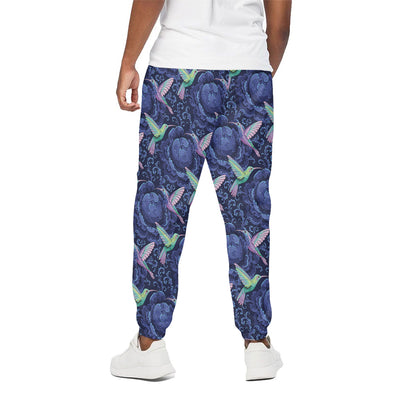 Dark Blue Floral Hummingbird Print Cotton Pants