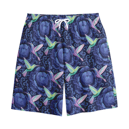 Dark Blue Floral Hummingbird Print Cotton Shorts