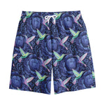 Dark Blue Floral Hummingbird Print Cotton Shorts