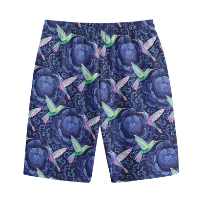 Dark Blue Floral Hummingbird Print Cotton Shorts