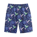 Dark Blue Floral Hummingbird Print Cotton Shorts