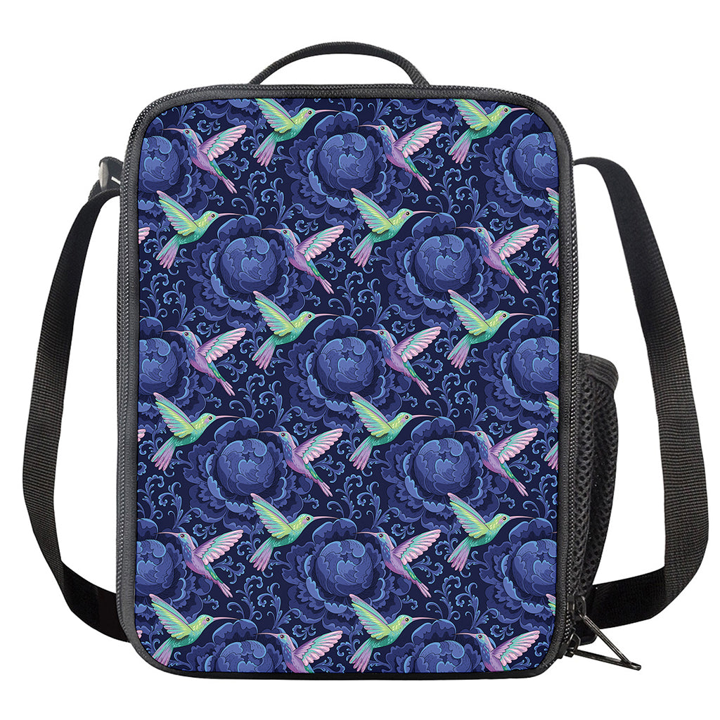 Dark Blue Floral Hummingbird Print Crossbody Lunch Bag