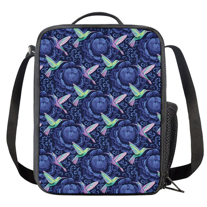 Dark Blue Floral Hummingbird Print Crossbody Lunch Bag