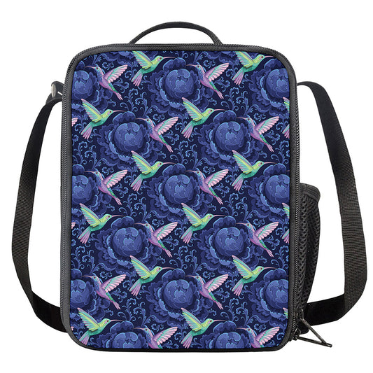 Dark Blue Floral Hummingbird Print Crossbody Lunch Bag