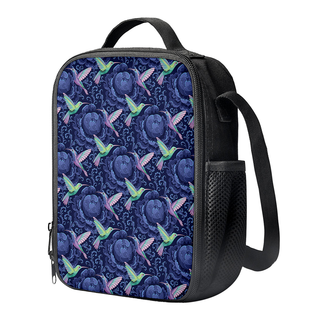 Dark Blue Floral Hummingbird Print Crossbody Lunch Bag