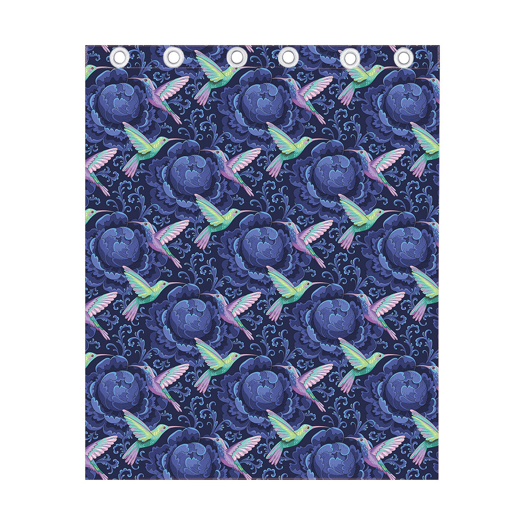 Dark Blue Floral Hummingbird Print Curtain