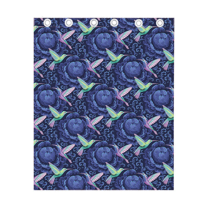 Dark Blue Floral Hummingbird Print Curtain