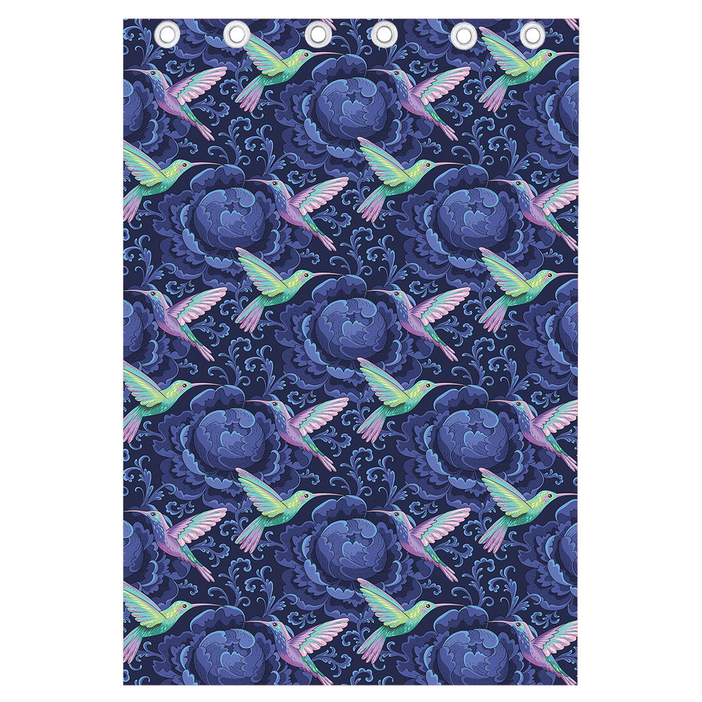 Dark Blue Floral Hummingbird Print Curtain