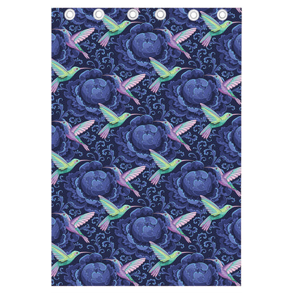 Dark Blue Floral Hummingbird Print Curtain