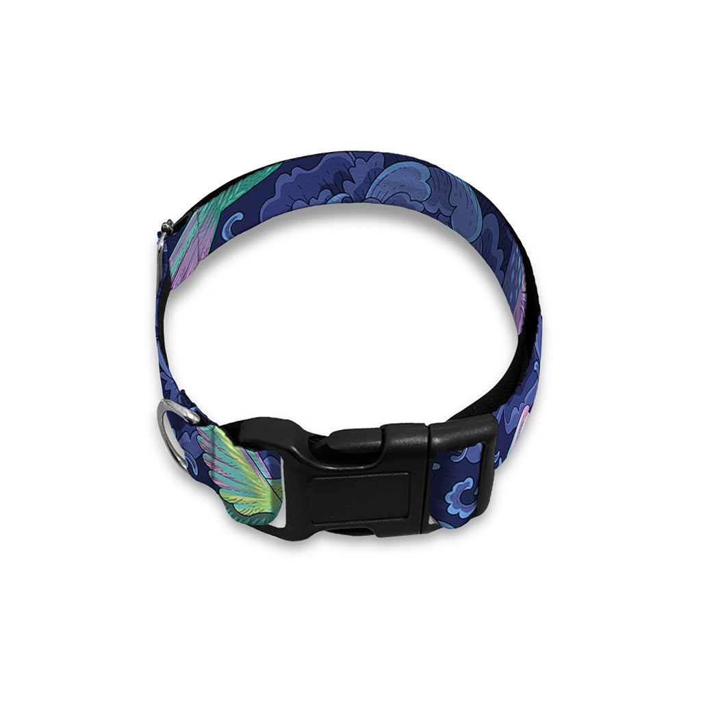 Dark Blue Floral Hummingbird Print Dog Collar