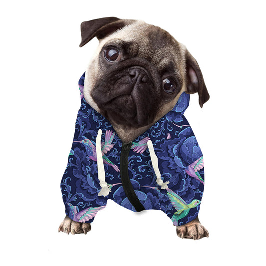 Dark Blue Floral Hummingbird Print Dog Zip Up Hoodie