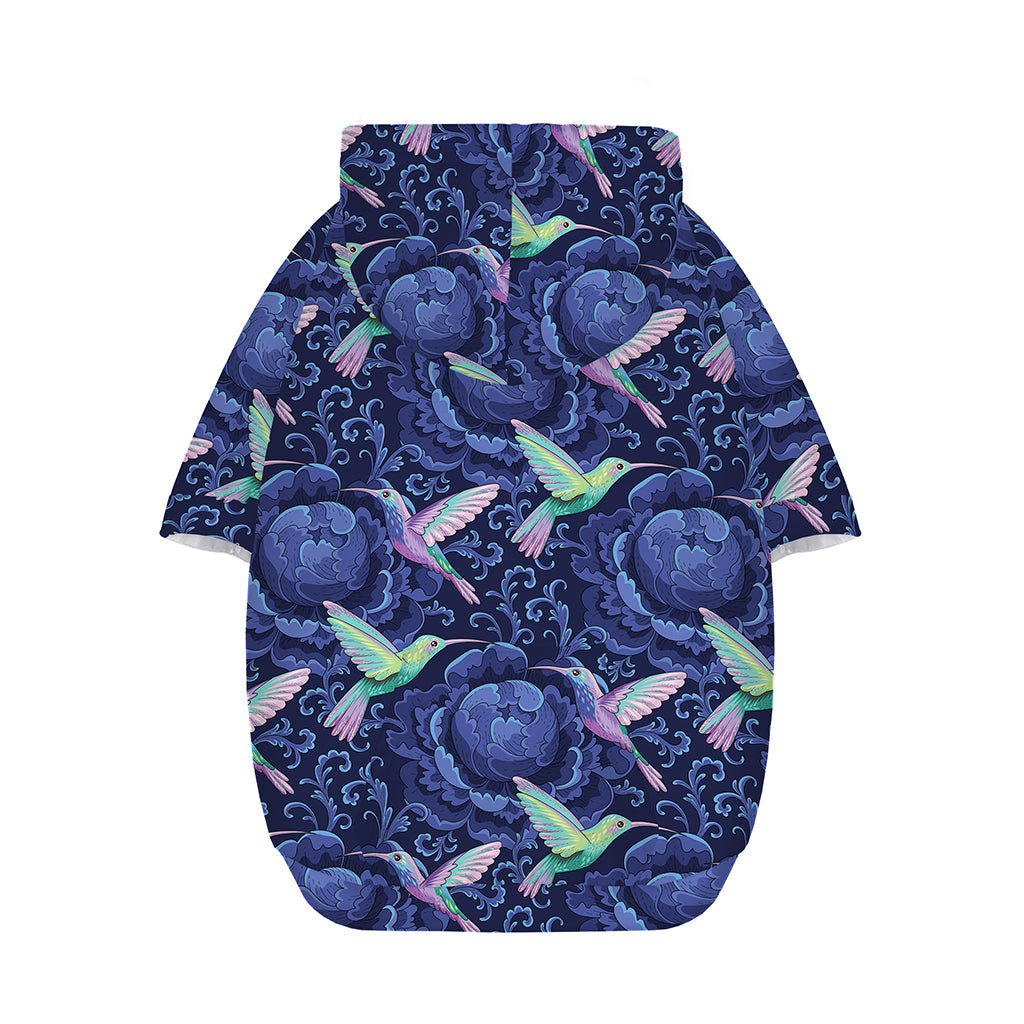Dark Blue Floral Hummingbird Print Dog Zip Up Hoodie