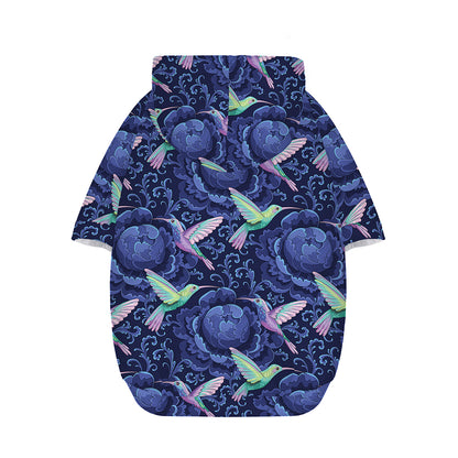 Dark Blue Floral Hummingbird Print Dog Zip Up Hoodie