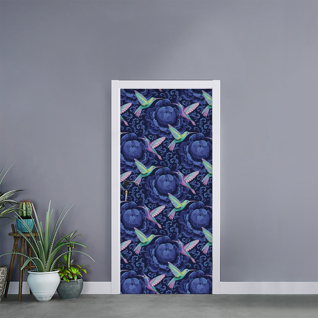 Dark Blue Floral Hummingbird Print Door Sticker