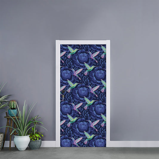 Dark Blue Floral Hummingbird Print Door Sticker