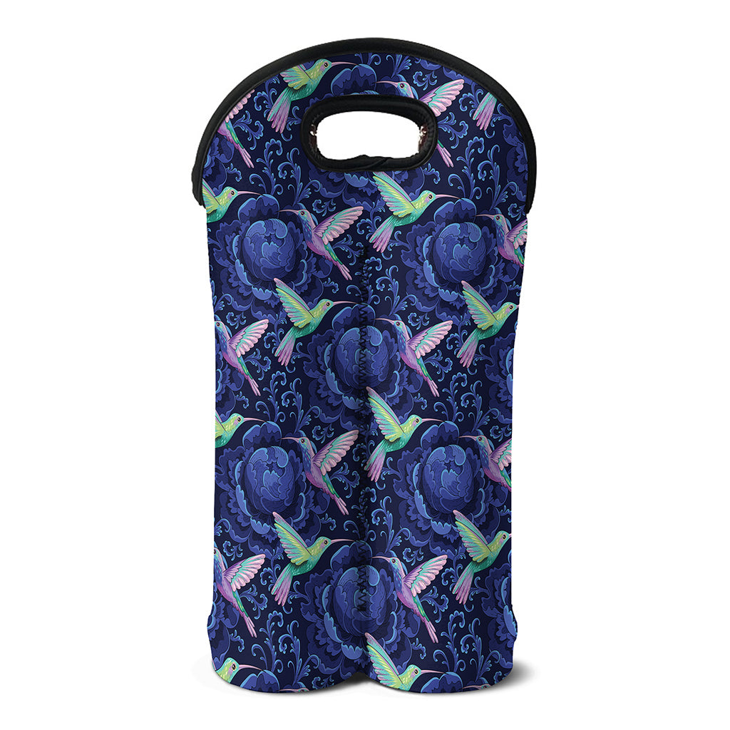 Dark Blue Floral Hummingbird Print Double Neoprene Wine Tote