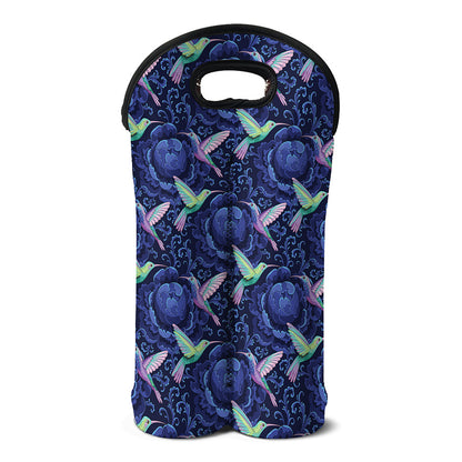 Dark Blue Floral Hummingbird Print Double Neoprene Wine Tote