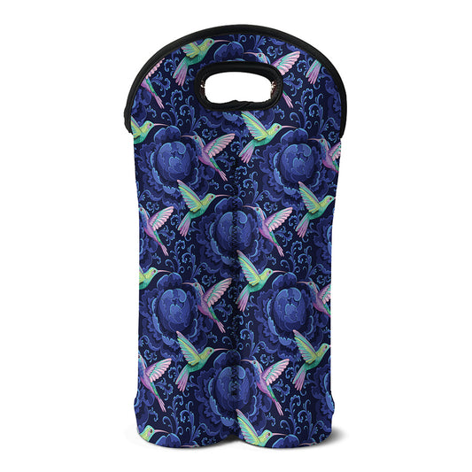 Dark Blue Floral Hummingbird Print Double Neoprene Wine Tote