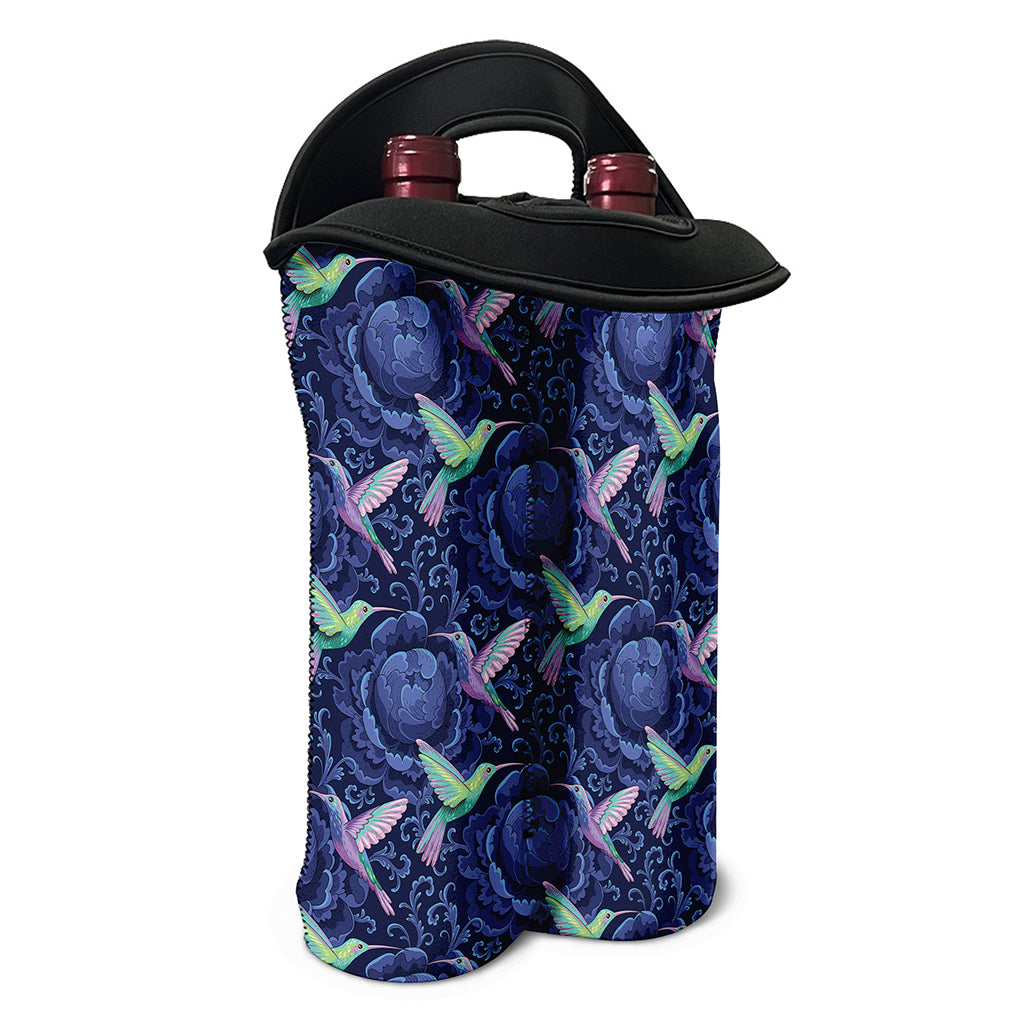 Dark Blue Floral Hummingbird Print Double Neoprene Wine Tote