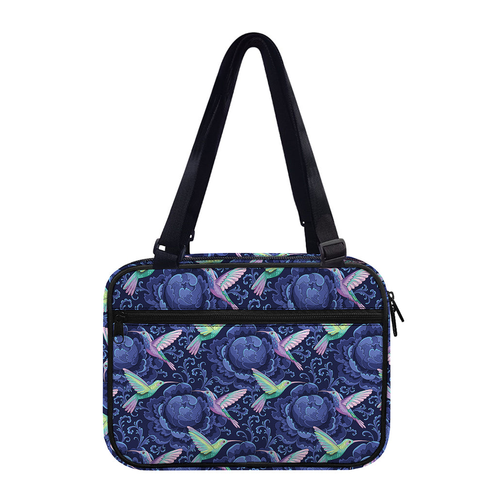 Dark Blue Floral Hummingbird Print Double Strap Bible Bag