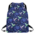 Dark Blue Floral Hummingbird Print Drawstring Backpack