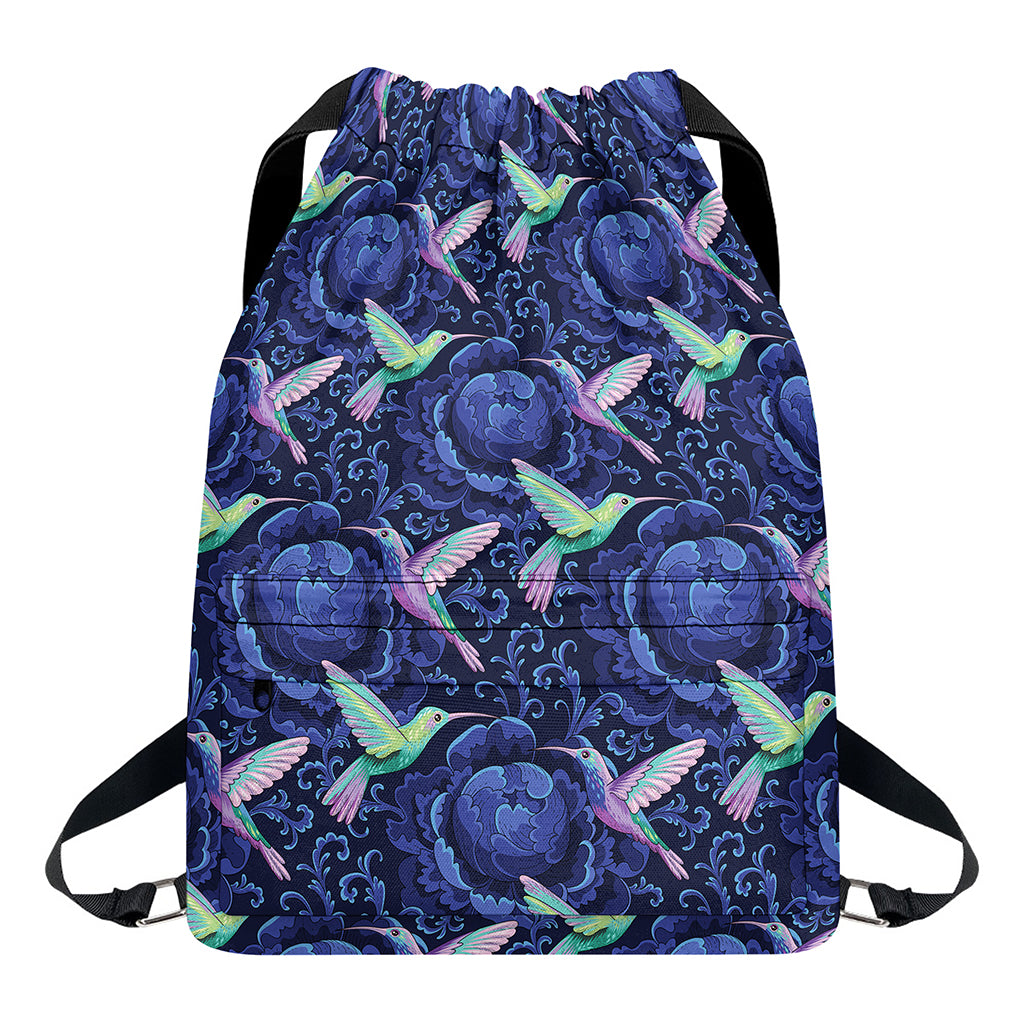 Dark Blue Floral Hummingbird Print Drawstring Backpack
