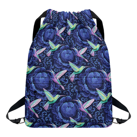Dark Blue Floral Hummingbird Print Drawstring Backpack