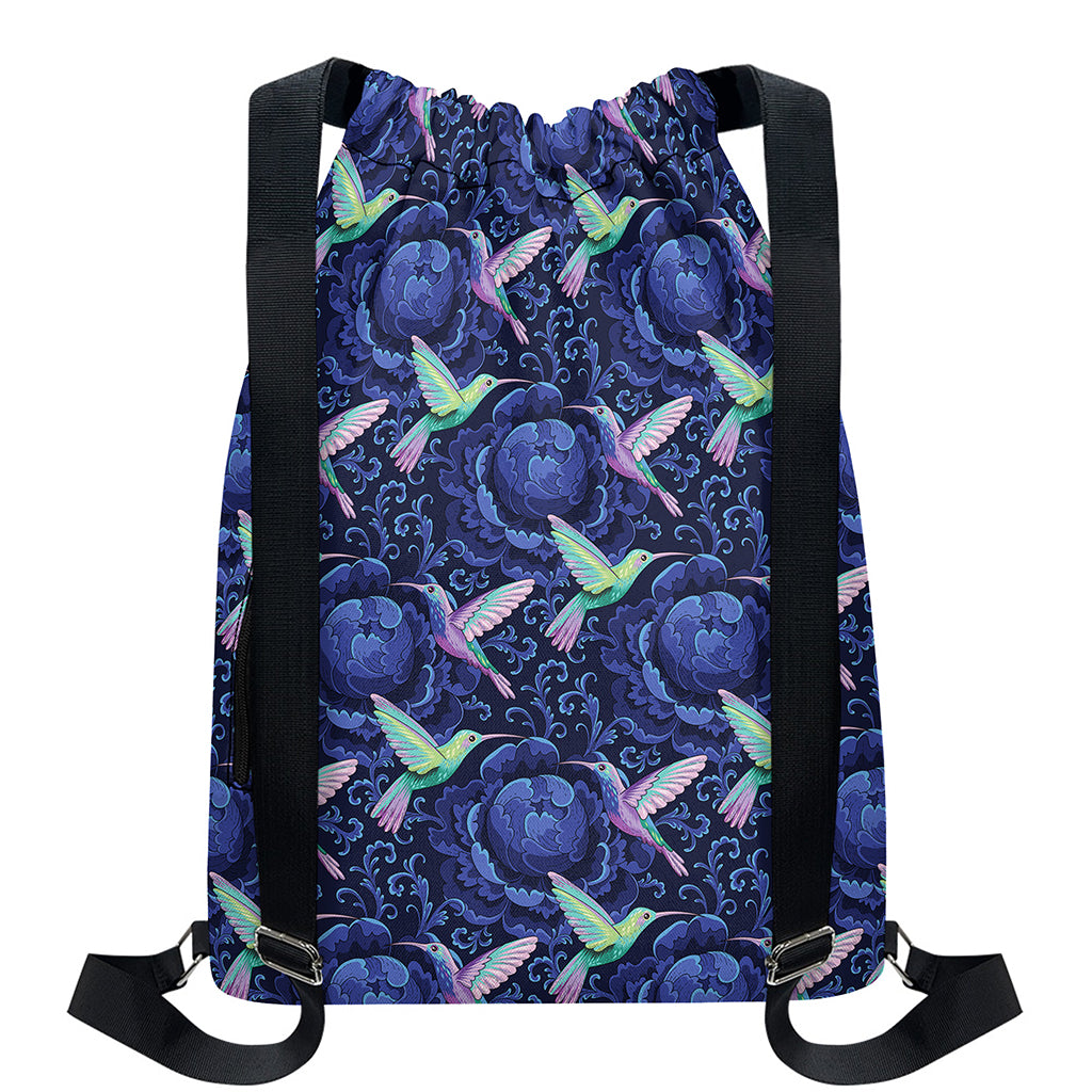 Dark Blue Floral Hummingbird Print Drawstring Backpack