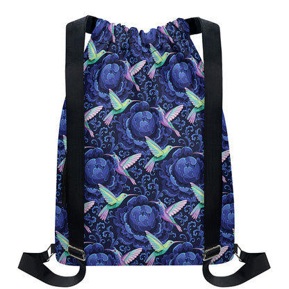 Dark Blue Floral Hummingbird Print Drawstring Backpack