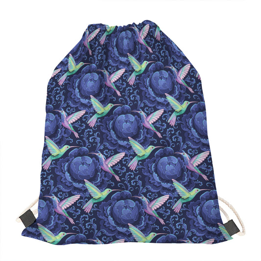 Dark Blue Floral Hummingbird Print Drawstring Bag