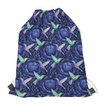 Dark Blue Floral Hummingbird Print Drawstring Bag