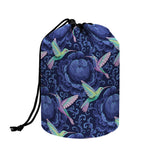 Dark Blue Floral Hummingbird Print Drawstring Makeup Bag