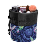 Dark Blue Floral Hummingbird Print Drawstring Makeup Bag