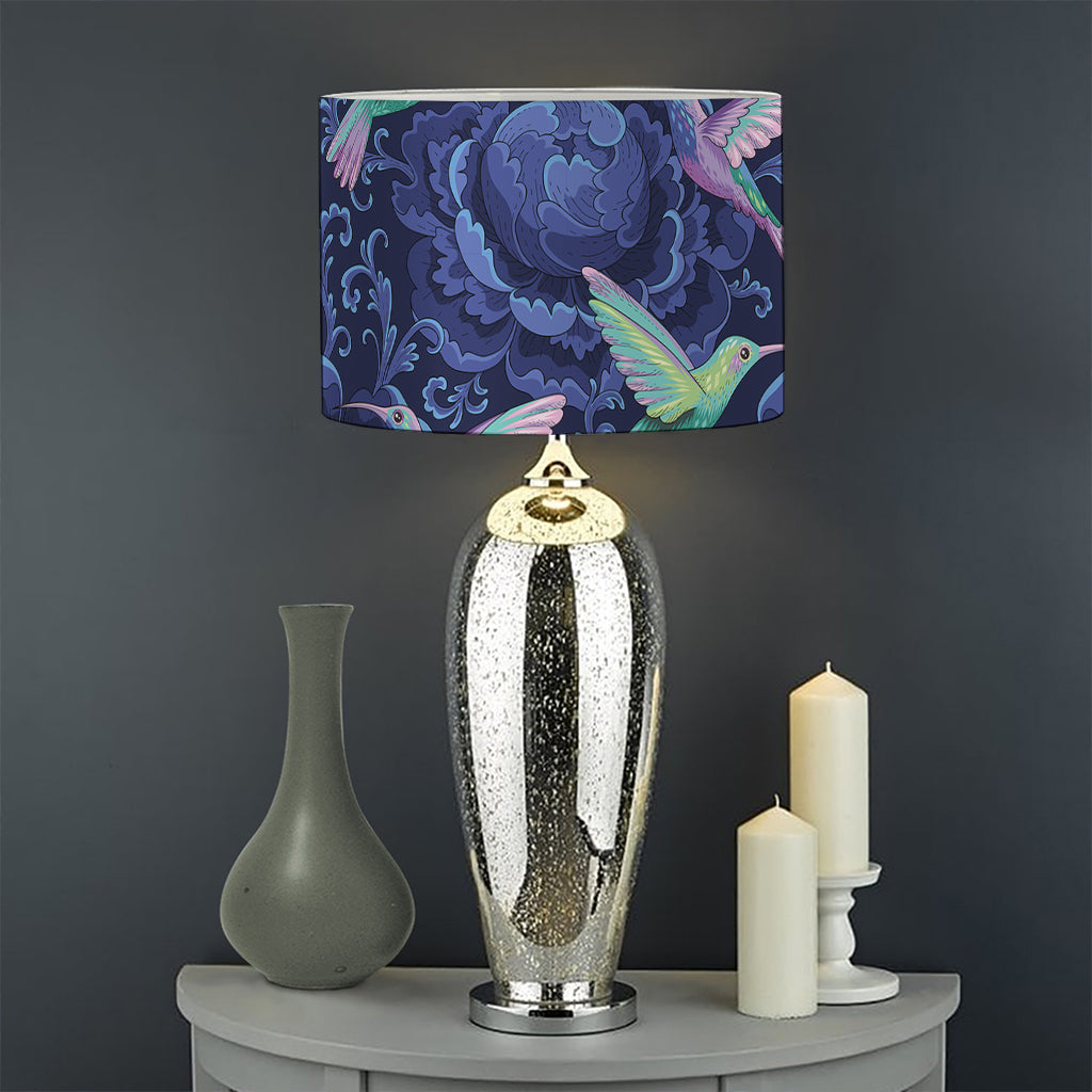 Dark Blue Floral Hummingbird Print Drum Lamp Shade