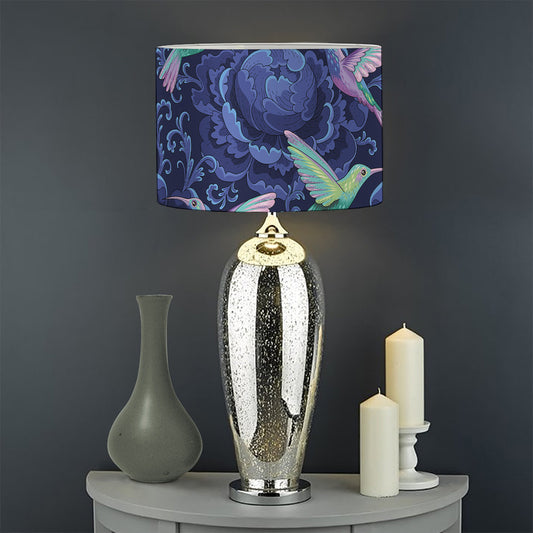 Dark Blue Floral Hummingbird Print Drum Lamp Shade