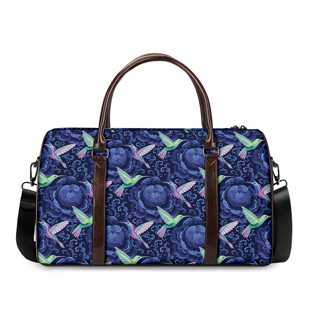 Dark Blue Floral Hummingbird Print Duffle Bag