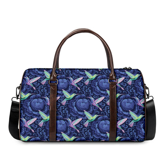 Dark Blue Floral Hummingbird Print Duffle Bag